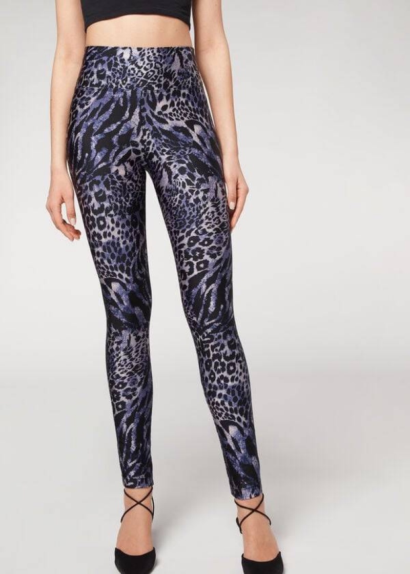 Calzedonia Shiny Animal-Print Athletic Women\'s Leggings Blue / Grey | CA 1511YU