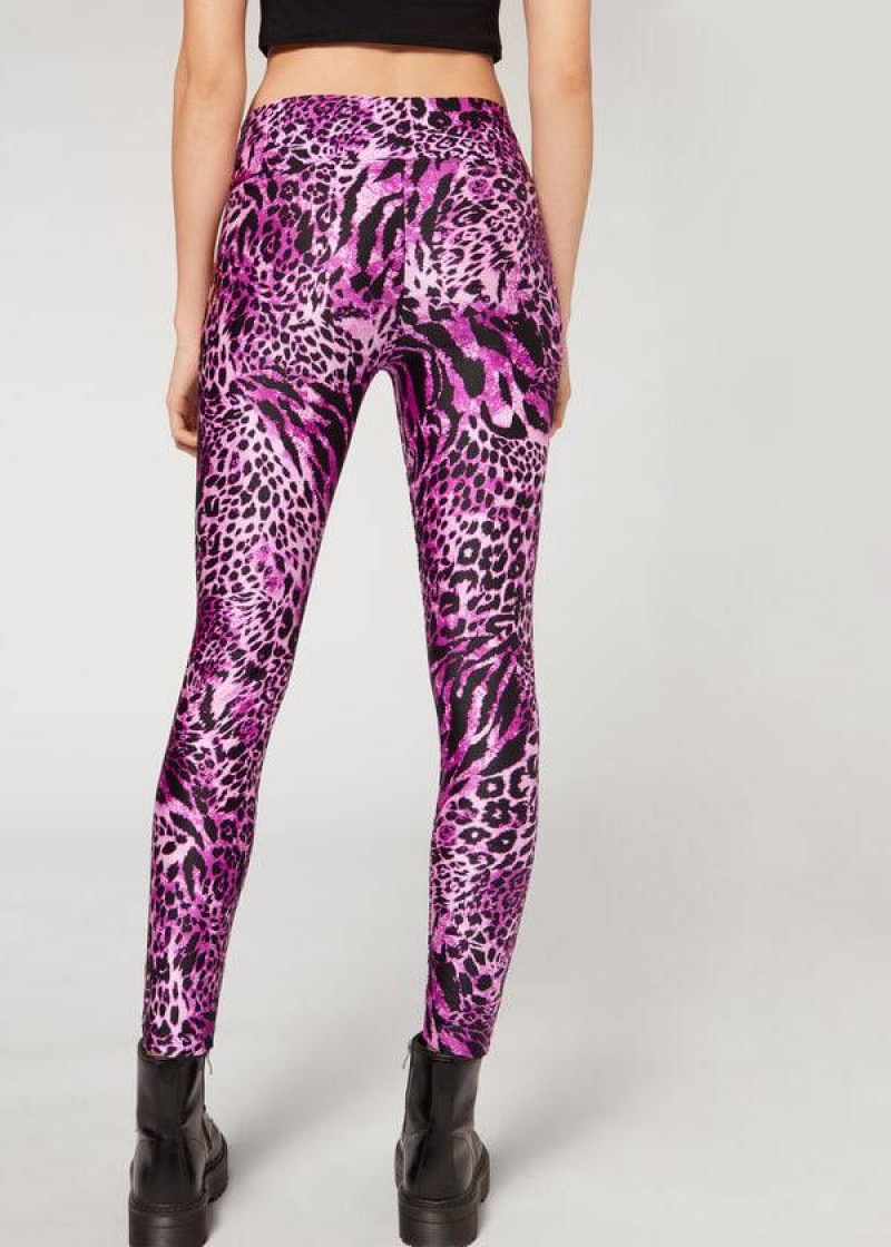 Calzedonia Shiny Animal-Print Athletic Women's Leggings Pink | CA 1509RW