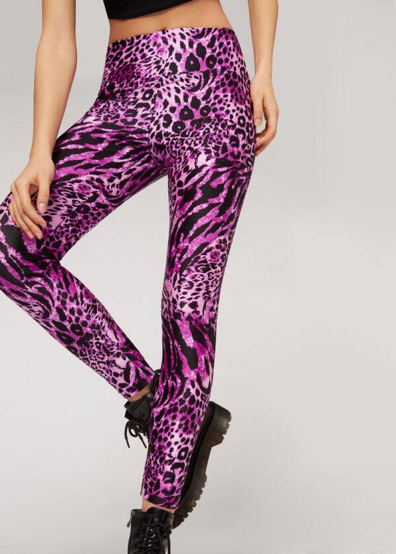 Calzedonia Shiny Animal-Print Athletic Women's Leggings Pink | CA 1509RW