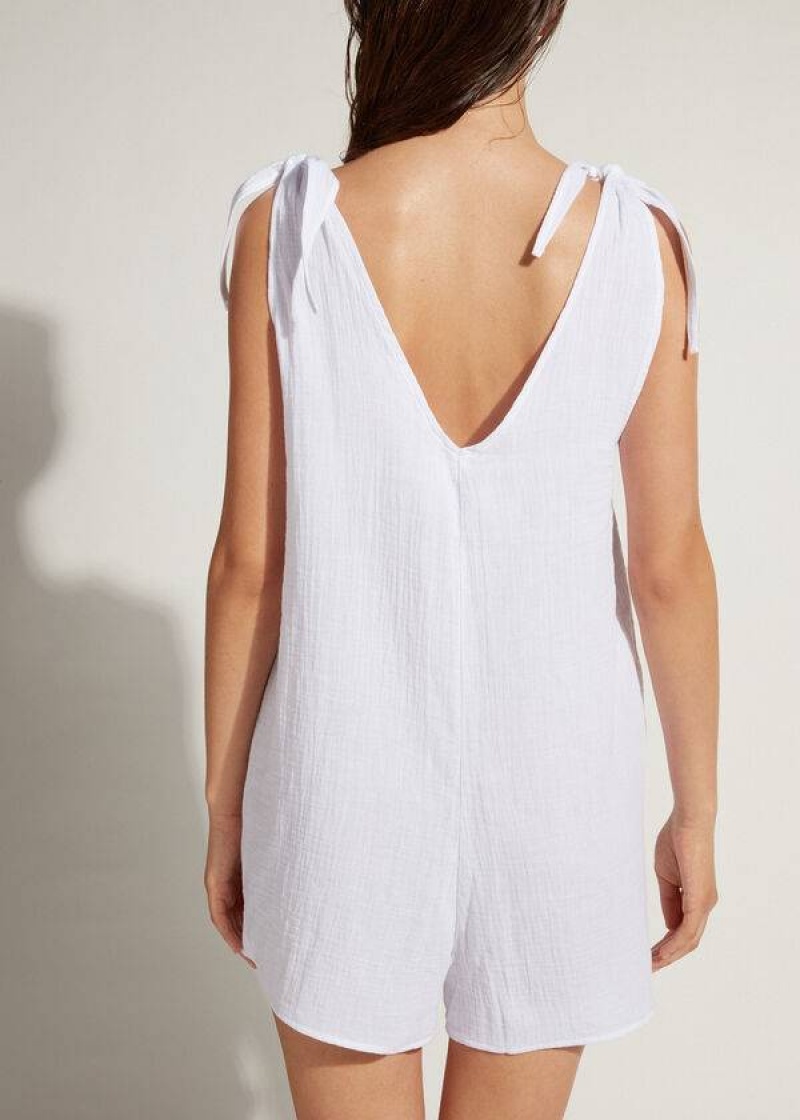 Calzedonia Short Cotton Romper Women's Cover Ups White | CA 2078QZ