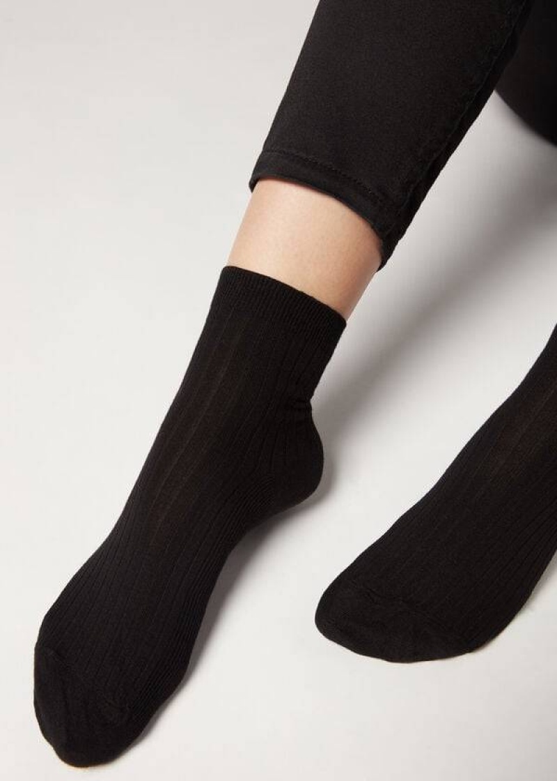 Calzedonia Short Ribbed with Cotton and Cashmere Women\'s Socks Black | CA 1677HK