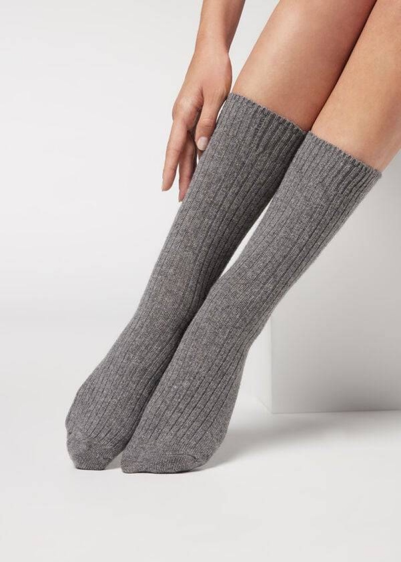 Calzedonia Short Ribbed with Wool and Cashmere Women\'s Socks Grey | CA 1675FM