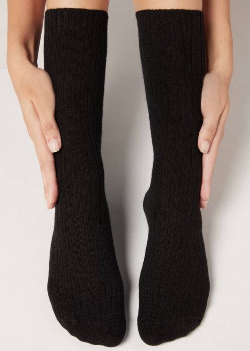 Calzedonia Short Ribbed with Wool and Cashmere Women\'s Socks Black | CA 1674DN