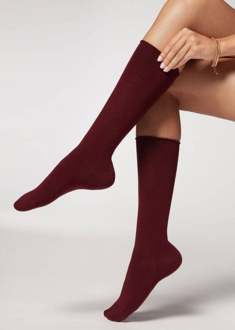 Calzedonia Smooth Cotton Mid-Calf Long Women\'s Socks Red | CA 1932AP