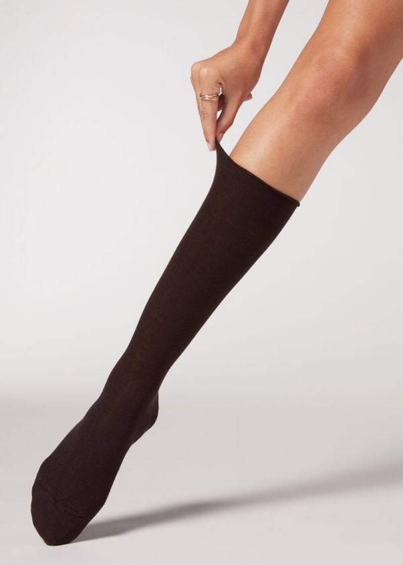 Calzedonia Smooth Cotton Mid-Calf Long Women\'s Socks Coffee | CA 1931PQ