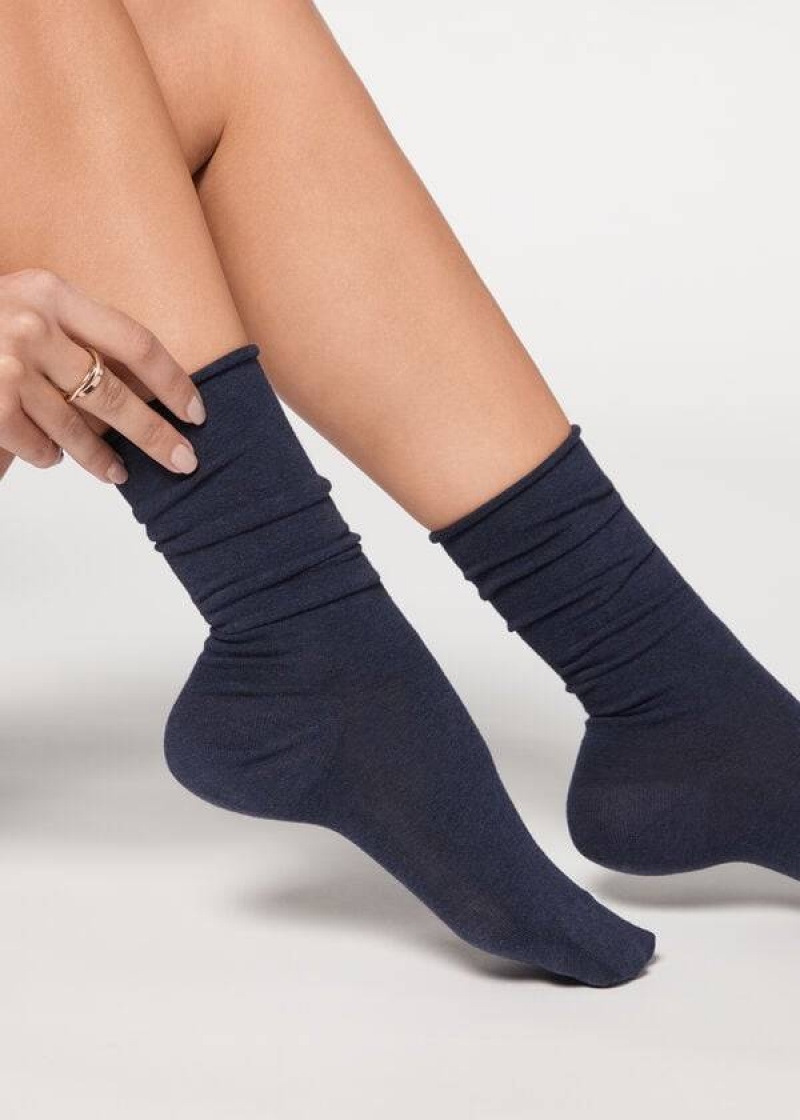 Calzedonia Smooth Cotton Mid-Calf Long Women\'s Socks Navy | CA 1930OR