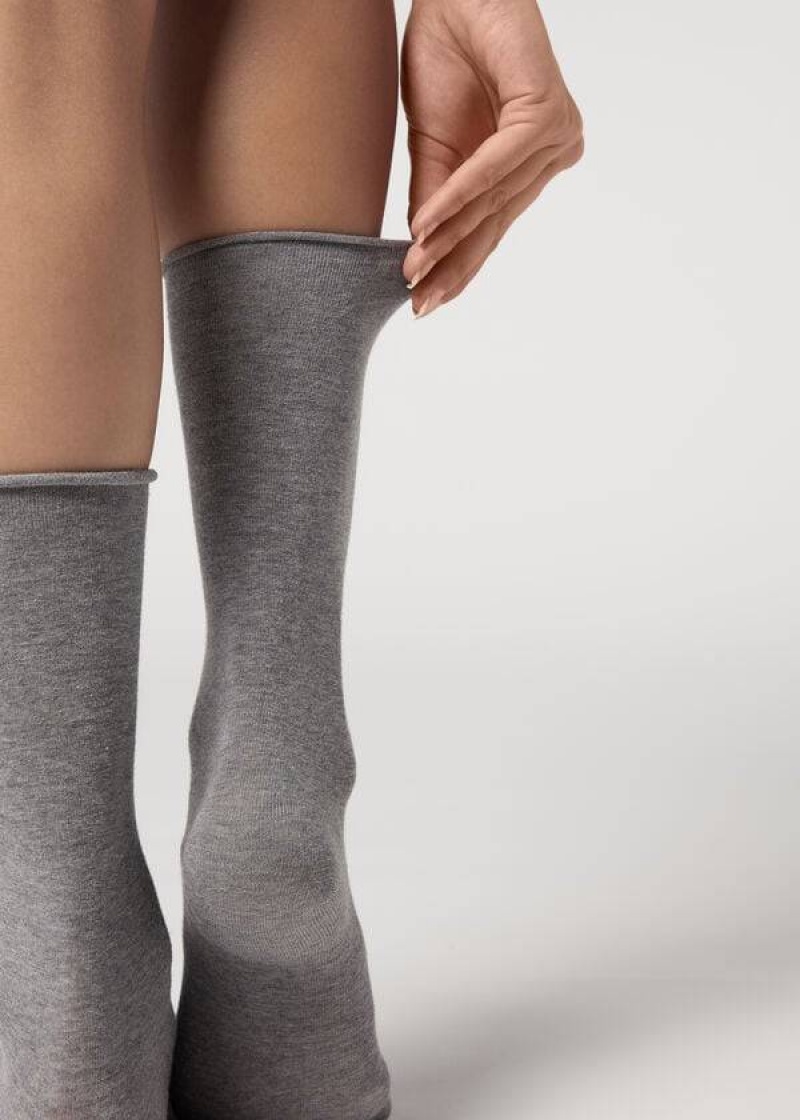 Calzedonia Smooth Cotton Mid-Calf Long Women\'s Socks Silver | CA 1929IS