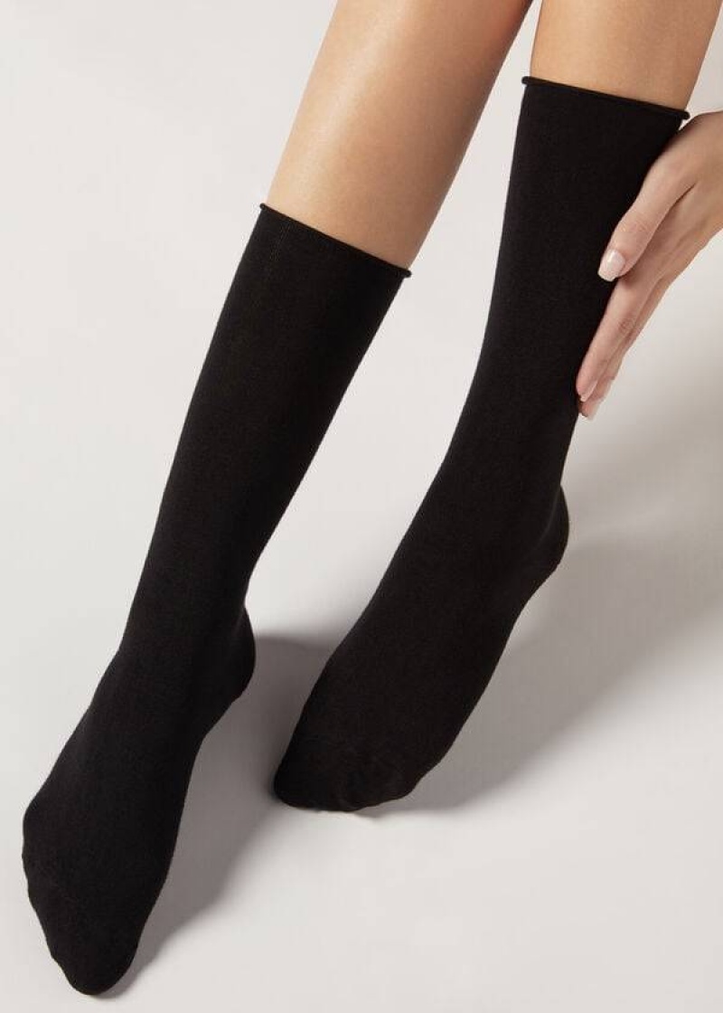 Calzedonia Smooth Cotton Mid-Calf Long Women\'s Socks Black | CA 1928UT