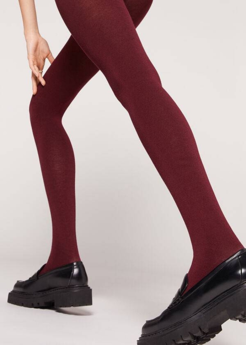 Calzedonia Soft Modal and Cashmere Blend Opaque Women's Tight Burgundy | CA 3132RW