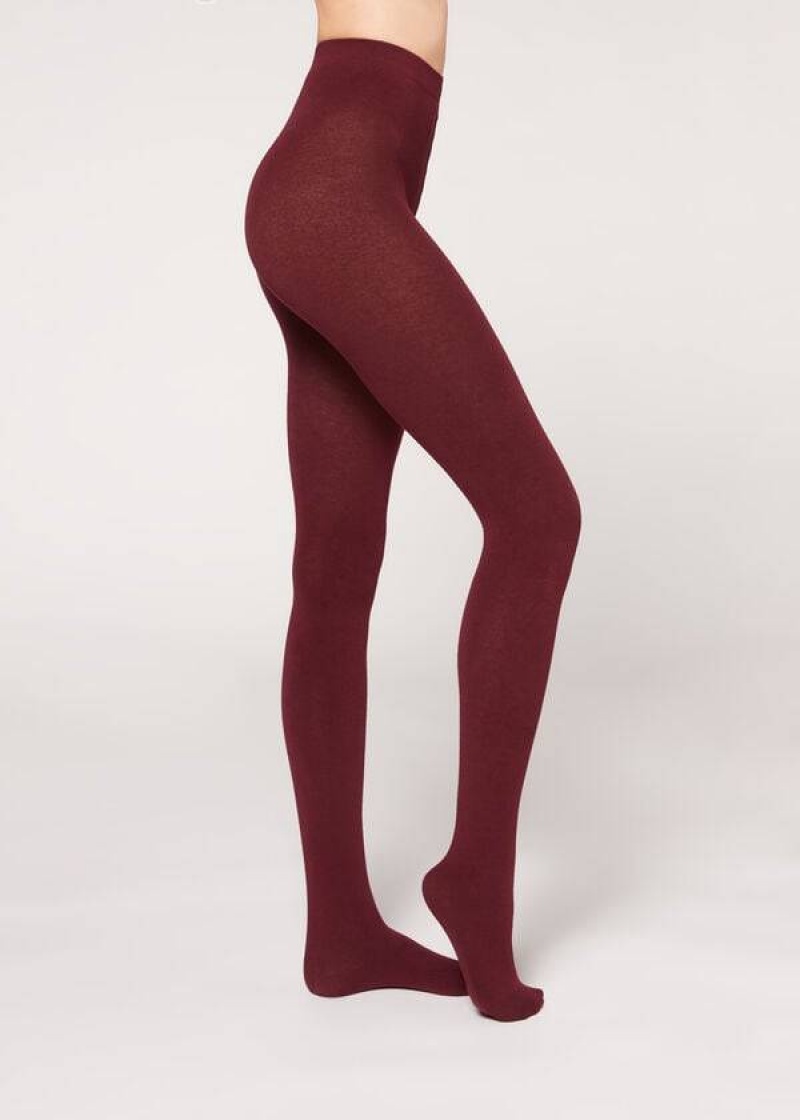 Calzedonia Soft Modal and Cashmere Blend Opaque Women\'s Tight Burgundy | CA 3132RW