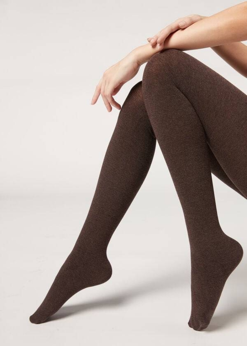 Calzedonia Soft Modal and Cashmere Blend Opaque Women's Tight Brown | CA 3126PQ