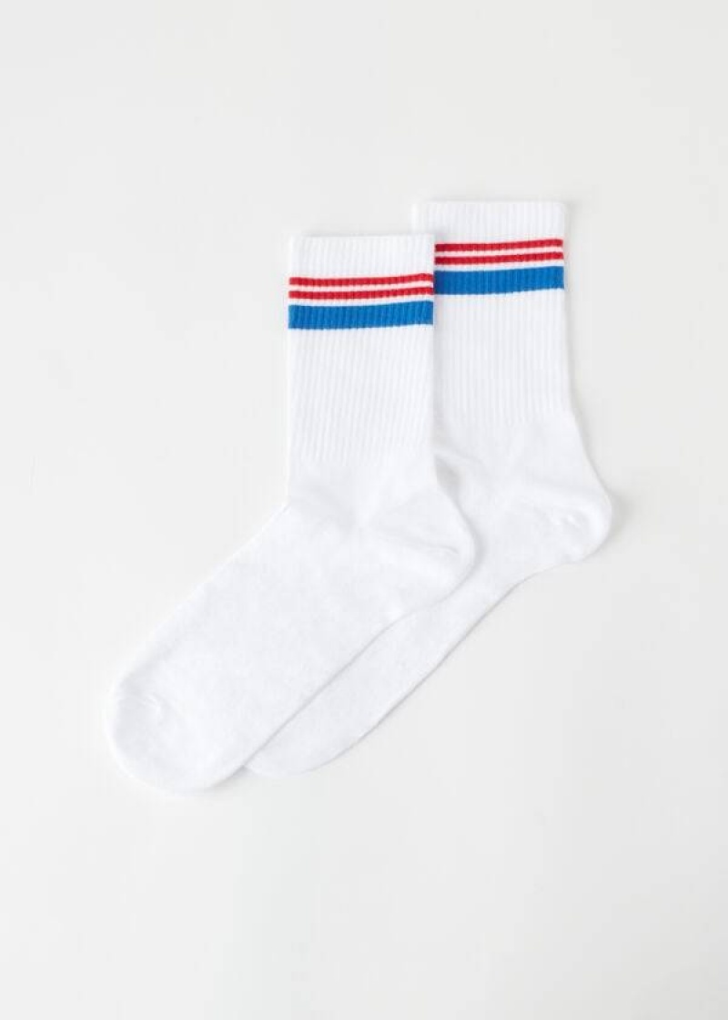 Calzedonia Stripe Motif Crew Men\'s Socks White / Blue | CA 1321BC