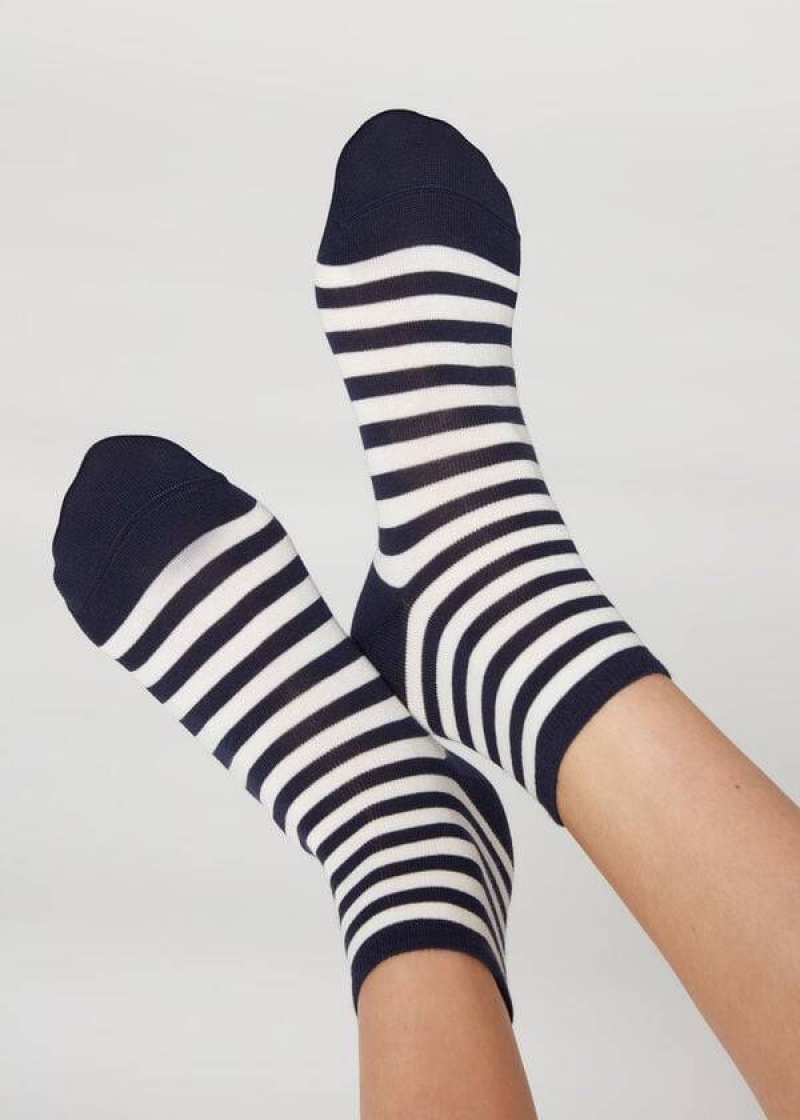 Calzedonia Stripe Patterned Short Women\'s Socks Blue | CA 1645PQ