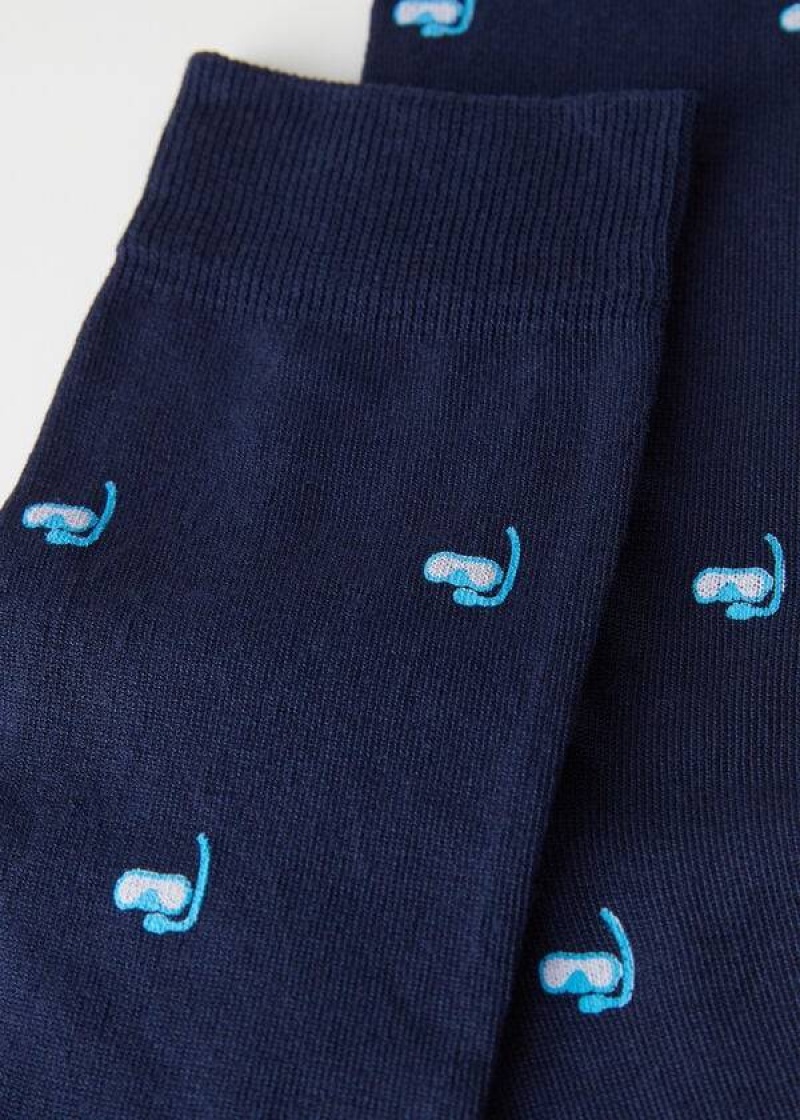 Calzedonia Summer Print Crew Men's Socks Blue | CA 1318XF