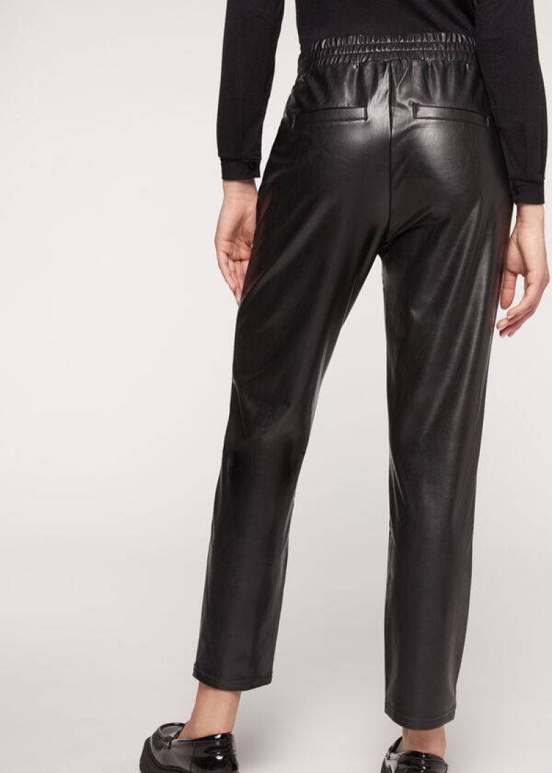 Calzedonia Thermal Coated Effect with Chain Trim Women's Pants Black | CA 1449CE