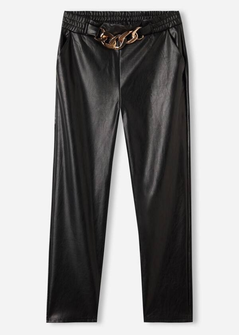 Calzedonia Thermal Coated Effect with Chain Trim Women's Pants Black | CA 1449CE