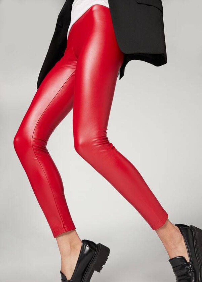 Calzedonia Thermal Leather Effect Women's Leggings Red | CA 1492DN