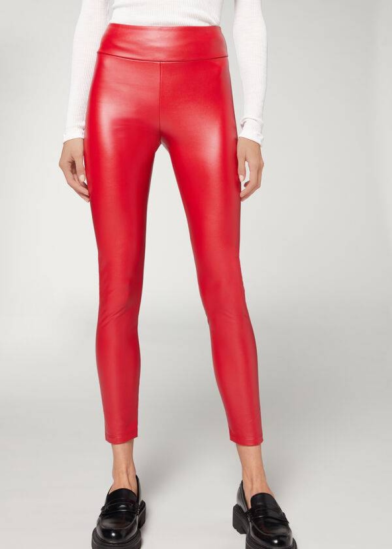 Calzedonia Thermal Leather Effect Women\'s Leggings Red | CA 1492DN