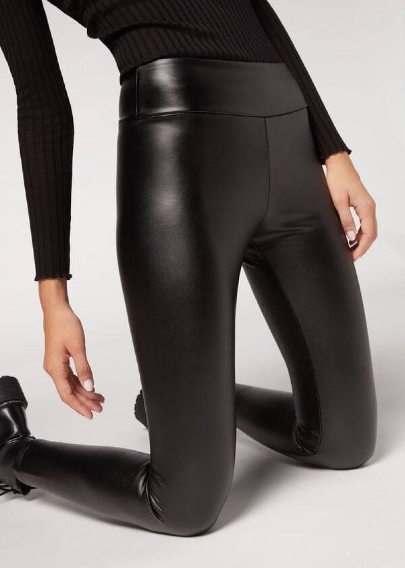 Calzedonia Thermal Leather Effect Women's Leggings Black | CA 1491SO