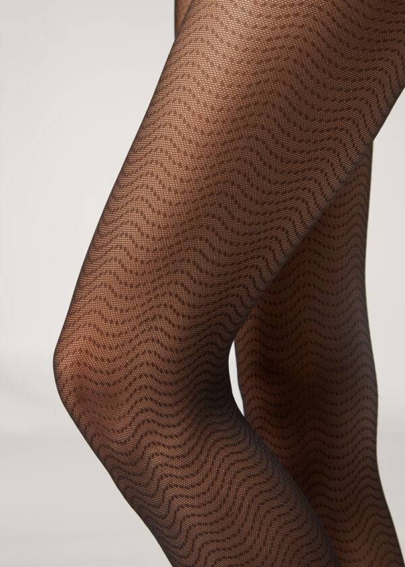 Calzedonia Wave-Motif Micronet Patterned Women's Tight Black | CA 3058UT