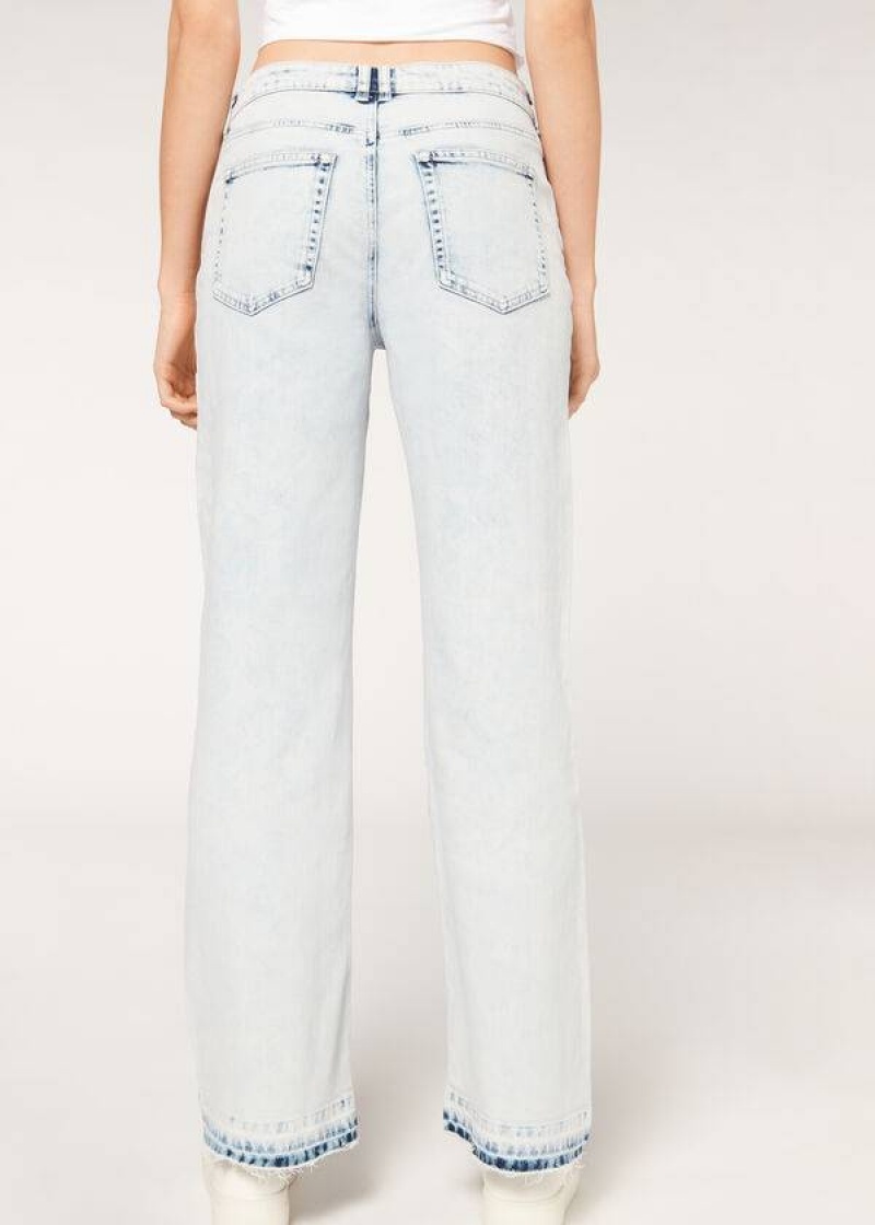 Calzedonia Wide-Leg Frayed Women's Jeans Blue | CA 1573HK