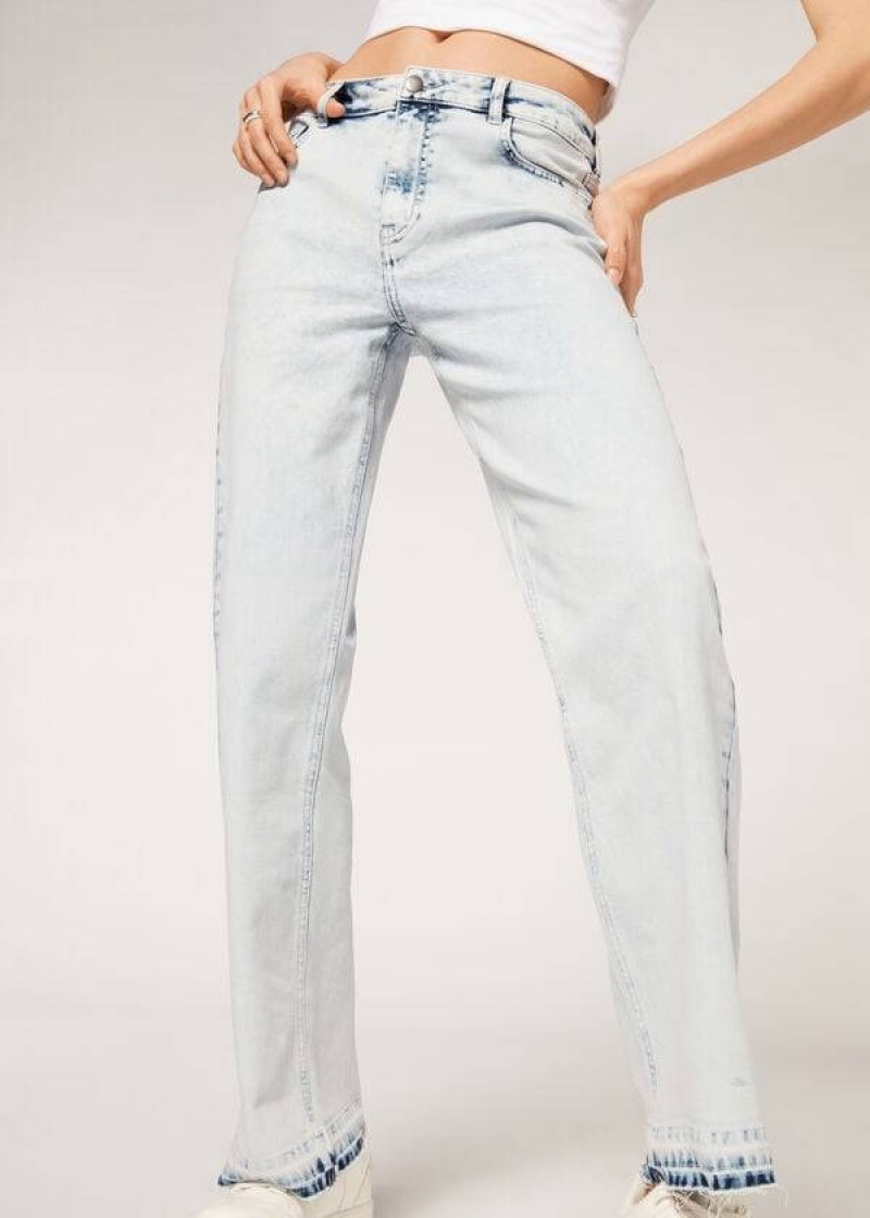 Calzedonia Wide-Leg Frayed Women's Jeans Blue | CA 1573HK