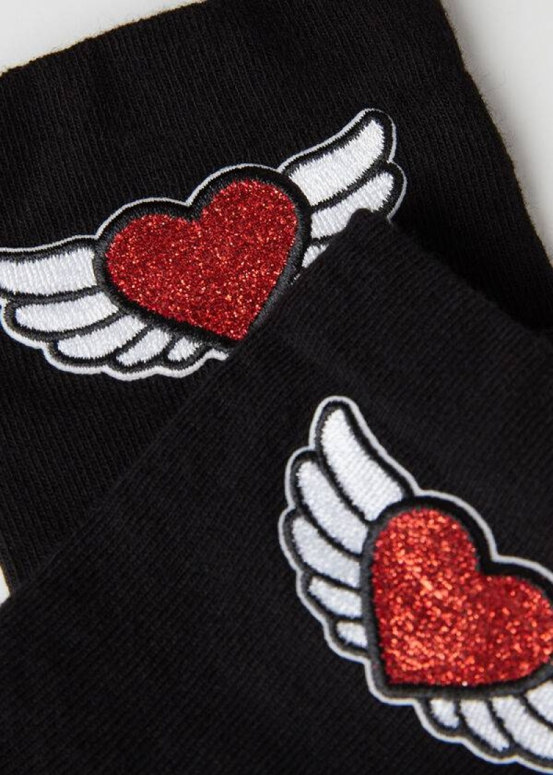 Calzedonia Winged Heart Appliqué Short Women's Socks Black | CA 1634NB