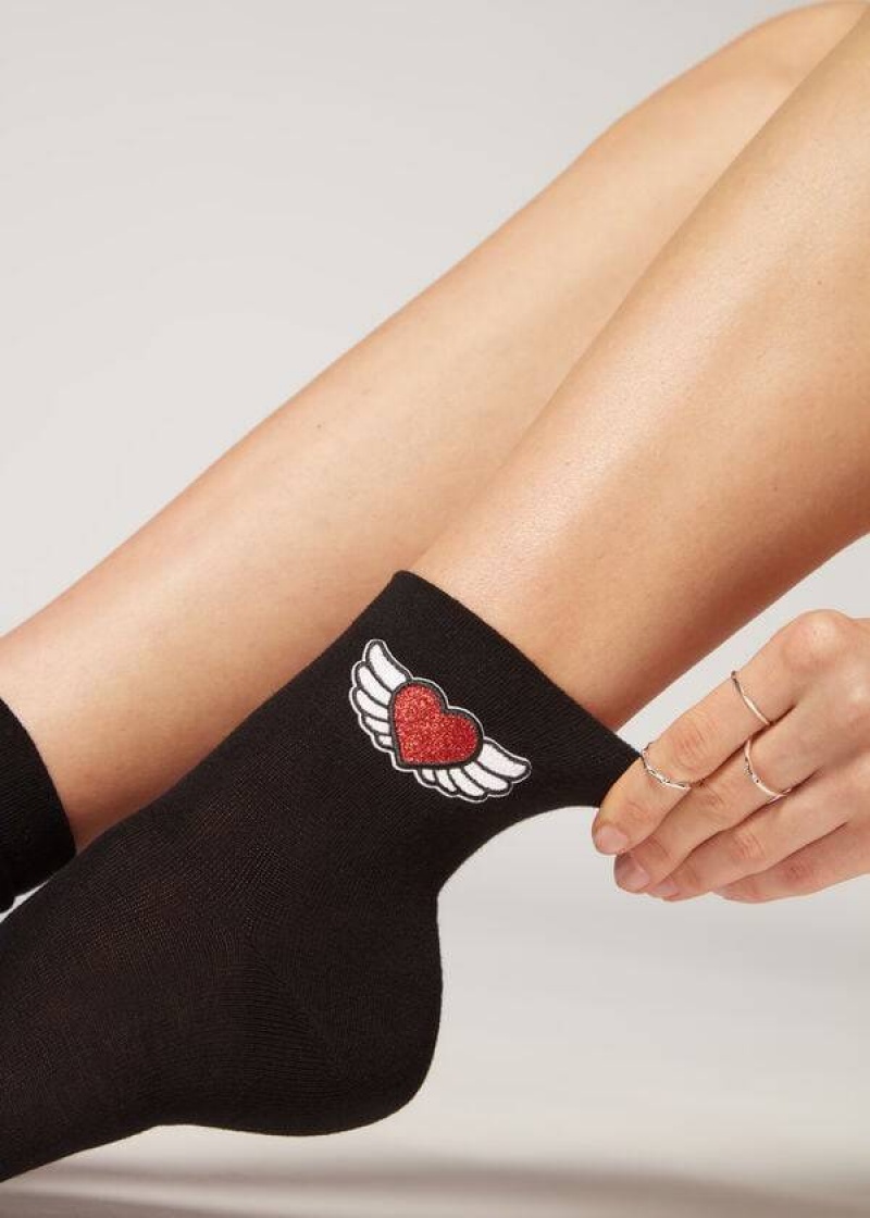 Calzedonia Winged Heart Appliqué Short Women\'s Socks Black | CA 1634NB