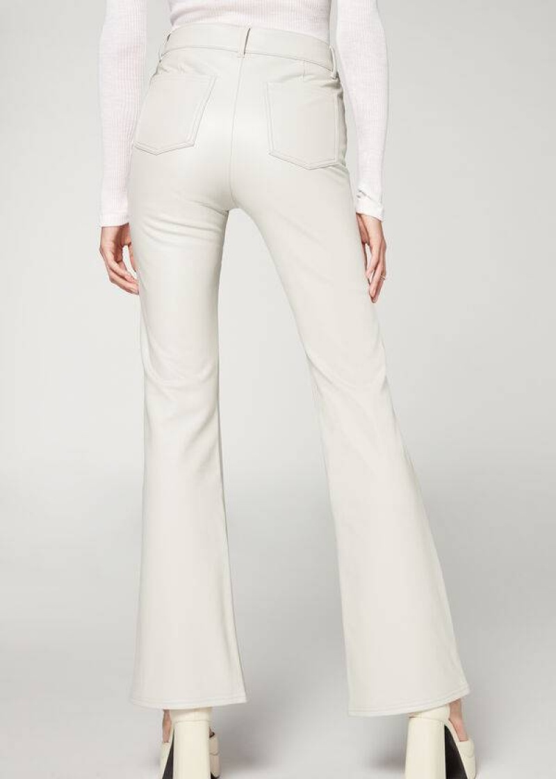 Calzedonia Zip and Button Coated Thermal Flared Women's Leggings White | CA 1480QZ