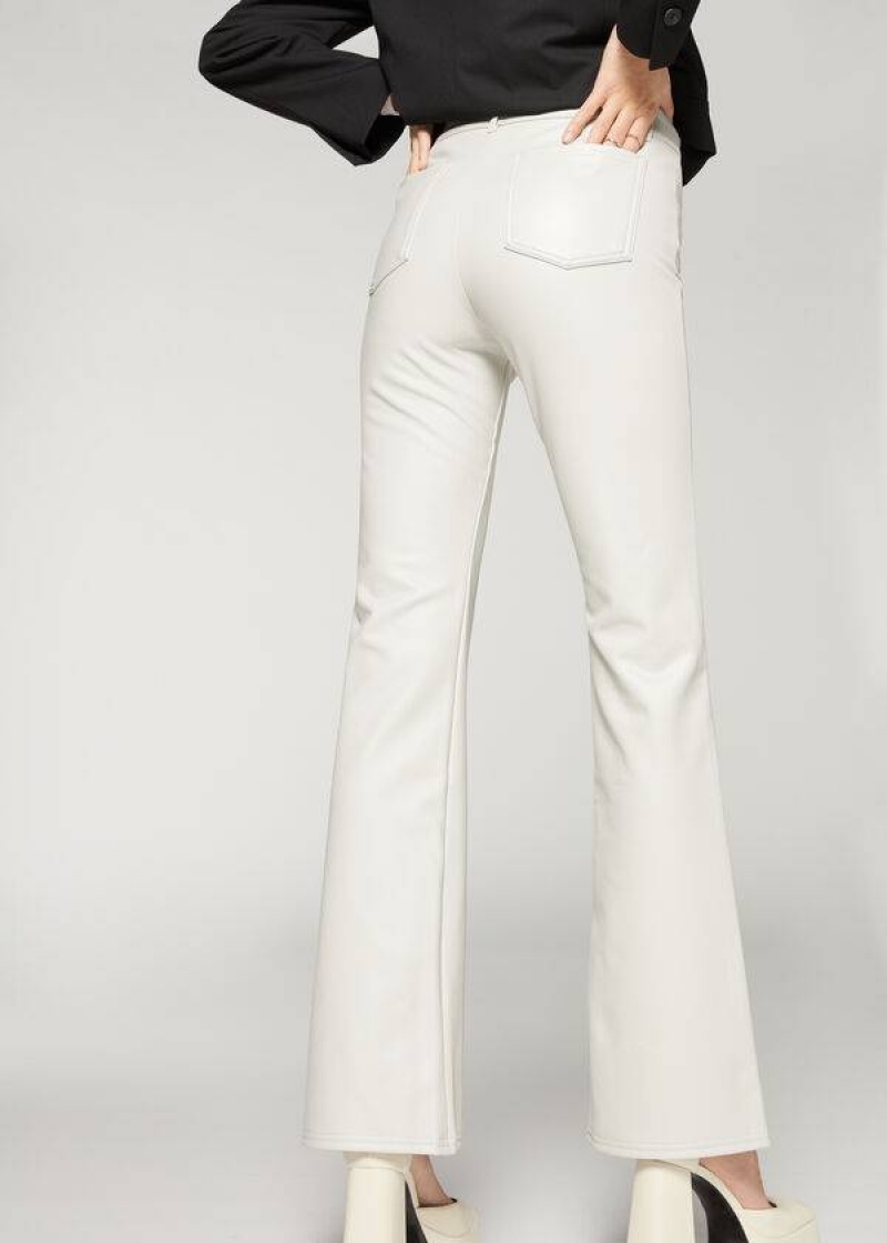 Calzedonia Zip and Button Coated Thermal Flared Women's Leggings White | CA 1480QZ