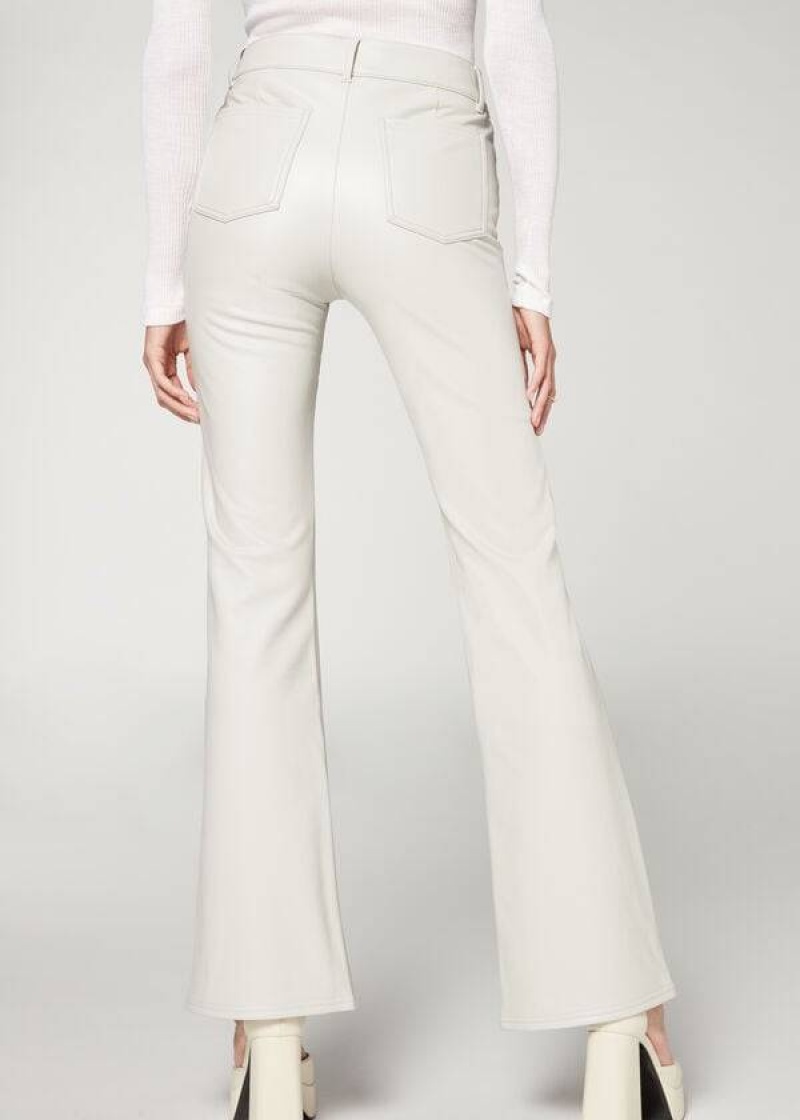 Calzedonia Zip and Button Coated Thermal Flared Women's Pants White | CA 1447ZG