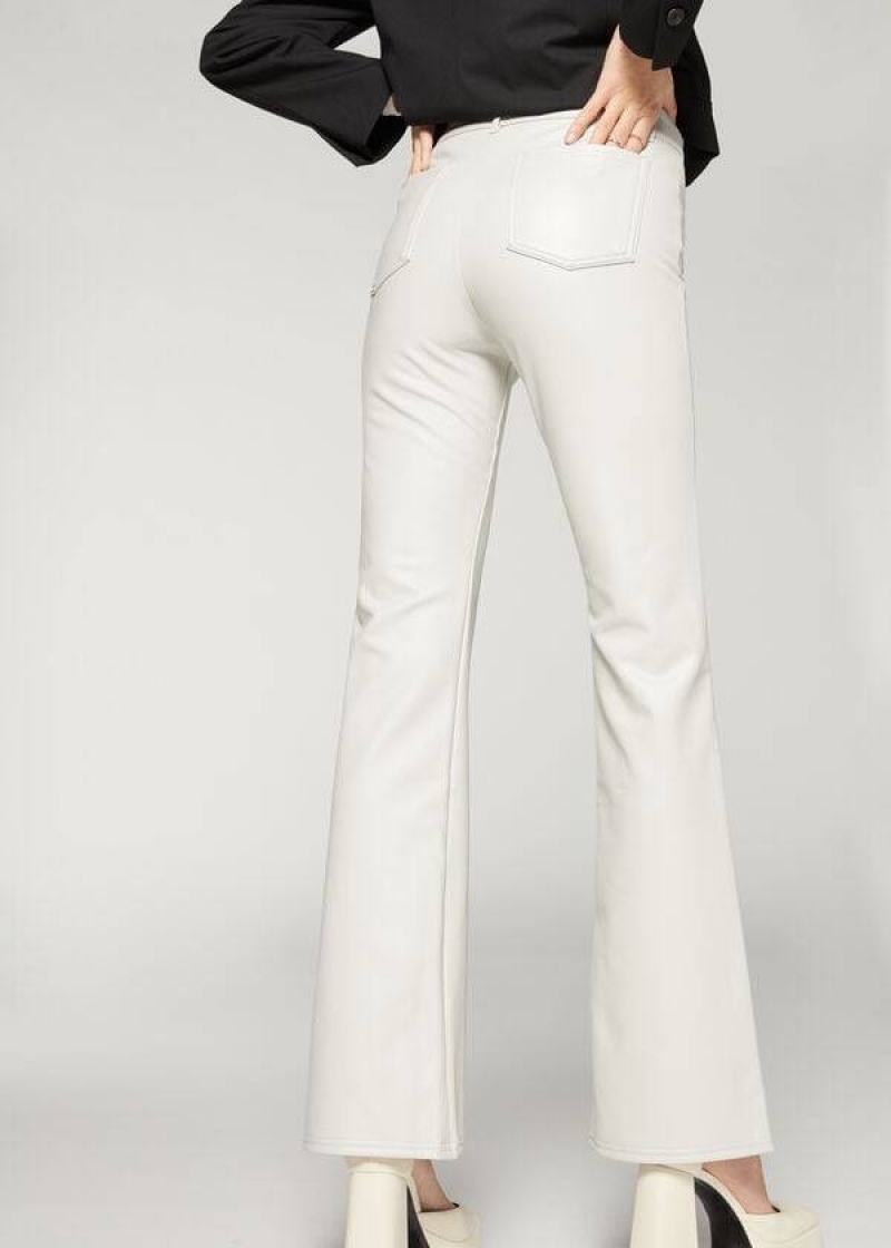 Calzedonia Zip and Button Coated Thermal Flared Women's Pants White | CA 1447ZG